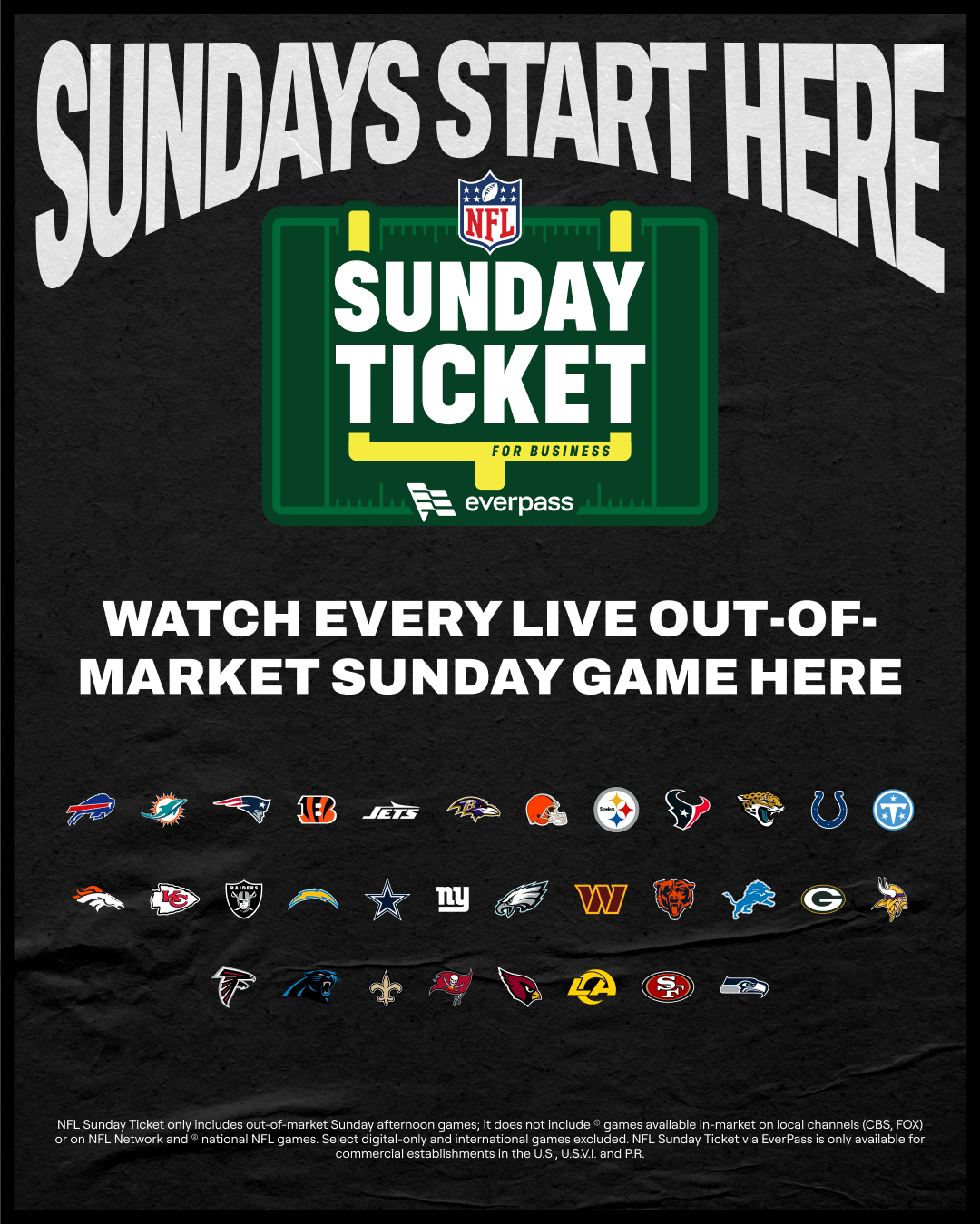 Official EverPass NFL Sunday Ticket artwork announcing every live out-of-market Sunday game at T.J. Carney's