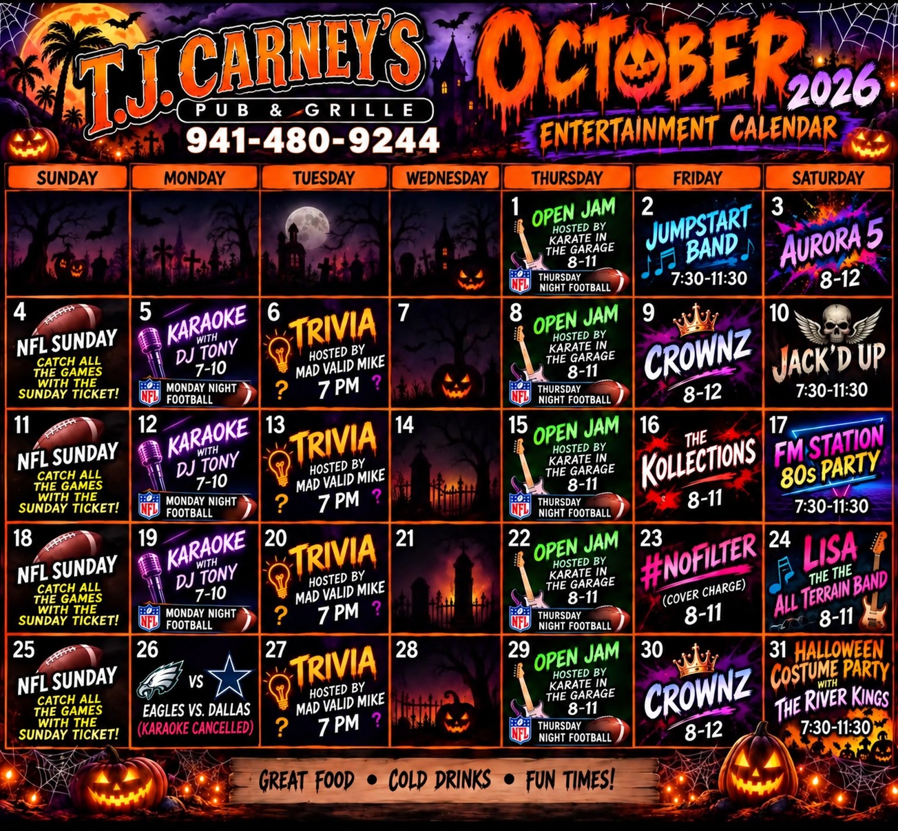 T.J. Carney's October 2026 Entertainment Calendar graphic. The full schedule is listed in readable text below.
